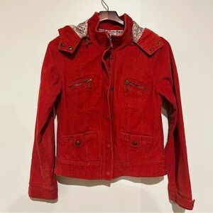 Sashimi Corduroy Bomber Trucker Jacket Removable Hood Coral Sz M
